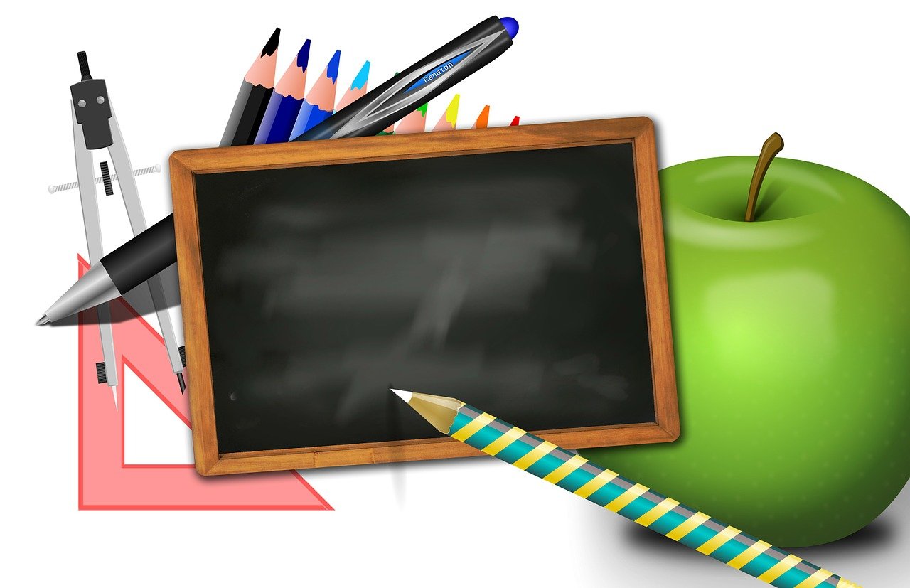 school pens, blackboard and food